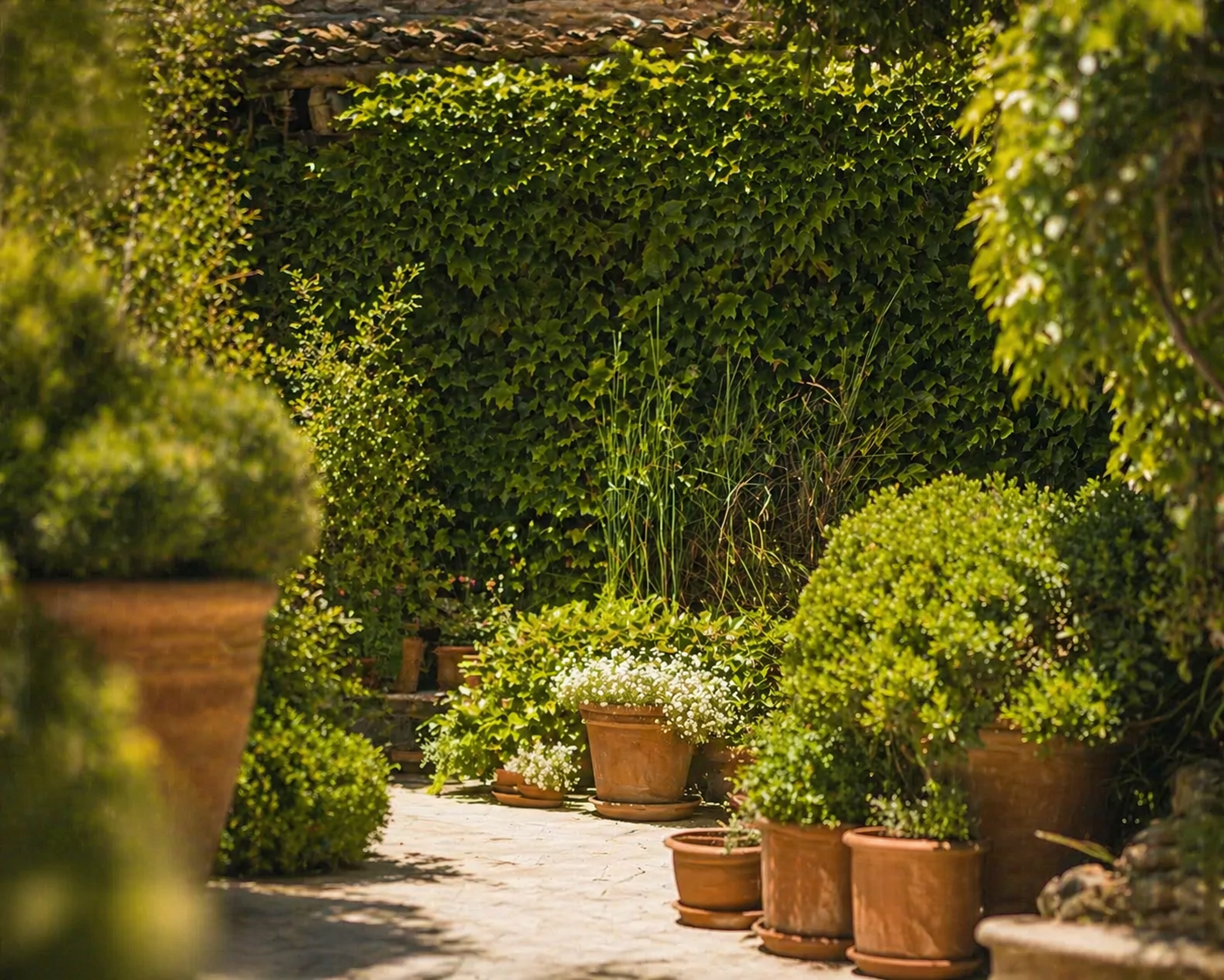 Jardín de macetas de terracota con hiedra en Casa Señorío de Baeza